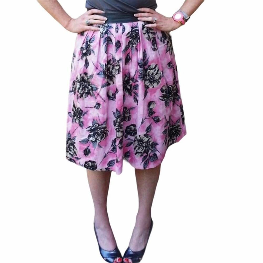 Anthropologie Odill Pink A-line Skirt Grey & Black Floral Print
